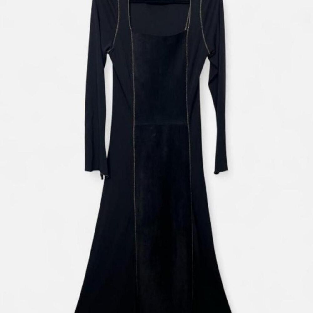 Vintage Black Suede Leather Paneling Contrast Stitch Whimsigoth Maxi Dress - Picture 2 of 8